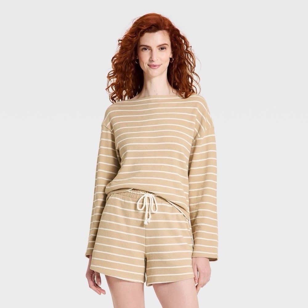 Universal Thread L Tan Striped Boat Neck Long Sleeve Top Shorts Set Terry Knit